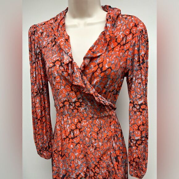MAJE
Ruffle-trimmed leopard-print crepe mini wrap dress 2 equal to US size 6 - Picture 5 of 9